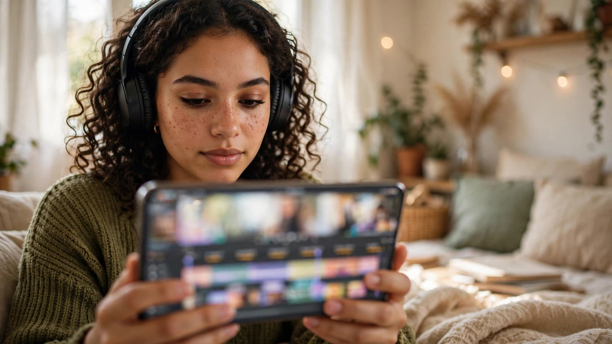 Joven latina con auriculares editando un video en su celular con una app de edición y su línea de tiempo de clips