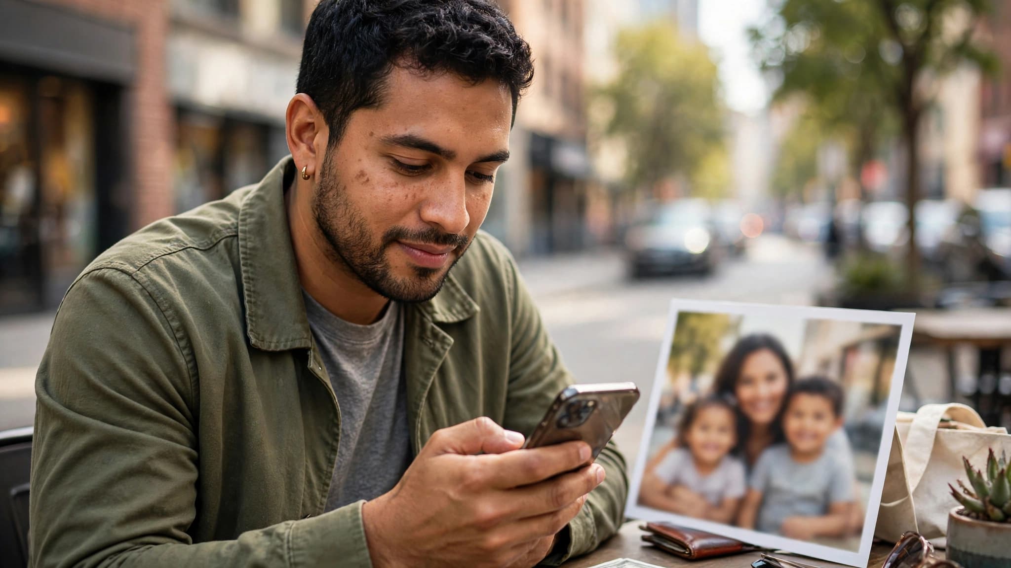 Hombre latino en Estados Unidos enviando una remesa a su familia desde una aplicación de su celular, con una foto familiar junto a él