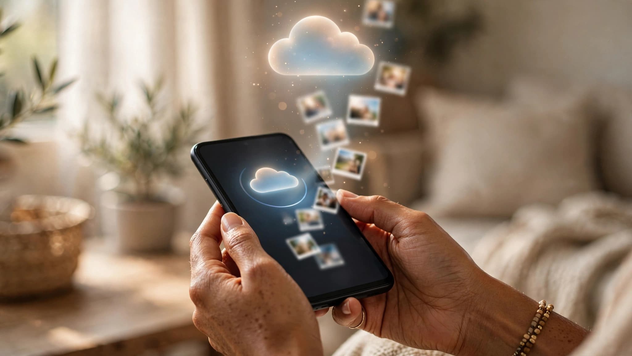 Manos sosteniendo un celular Android mientras las fotos se suben a la nube para liberar espacio sin borrar recuerdos
