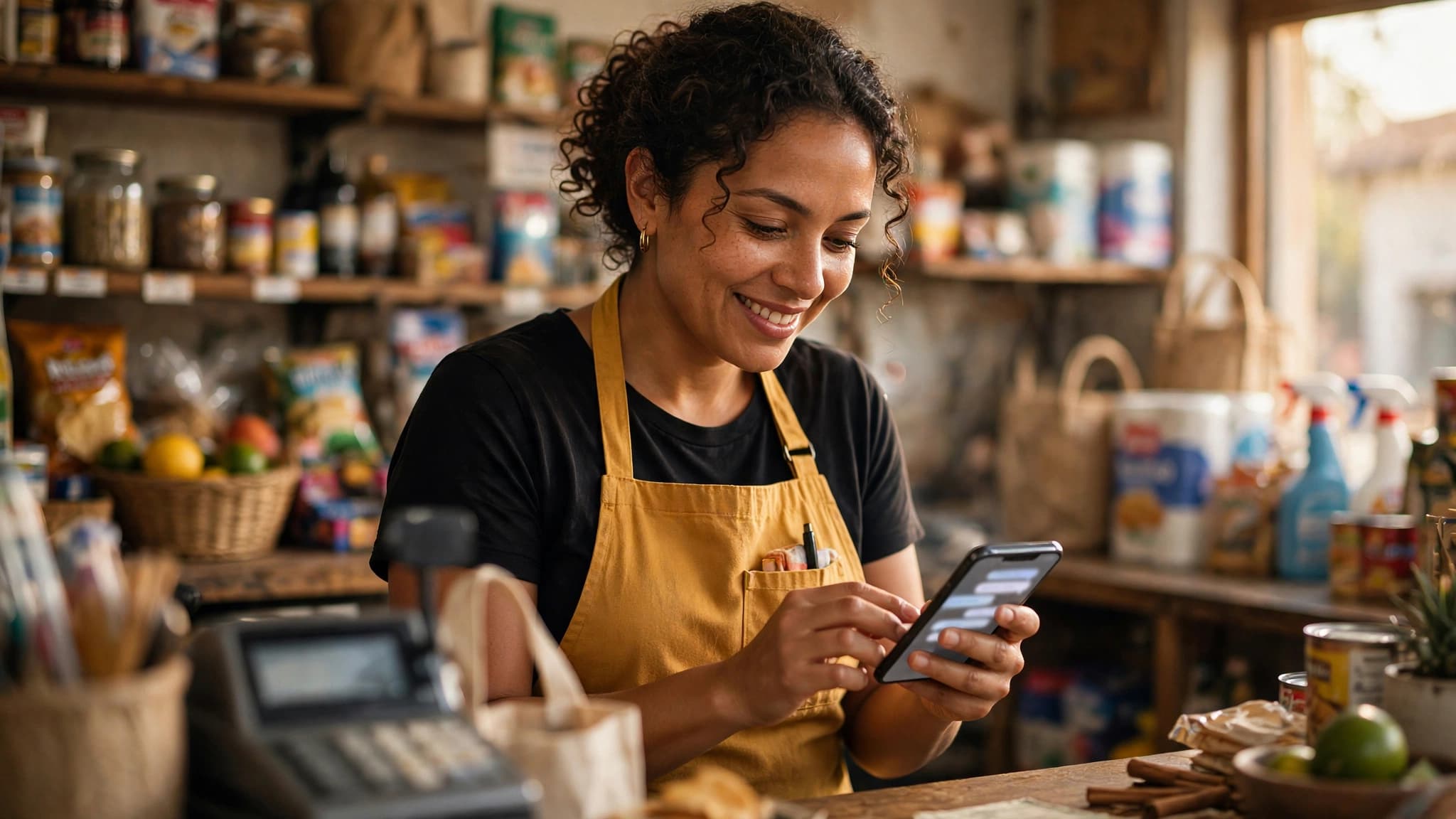 Comerciante usando ChatGPT en su celular para crear textos de su negocio