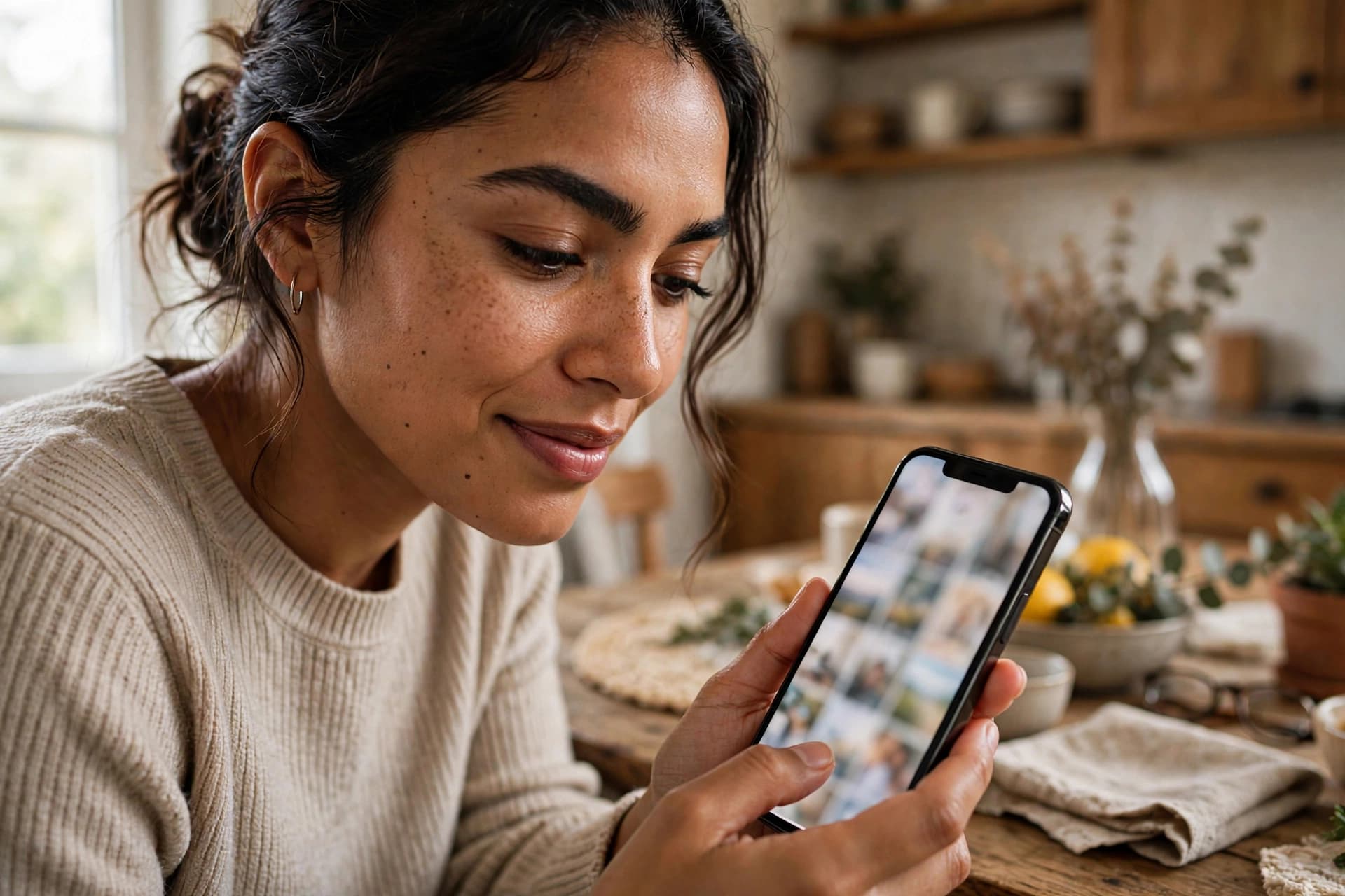 Mujer liberando espacio en su celular revisando la galería de fotos de WhatsApp