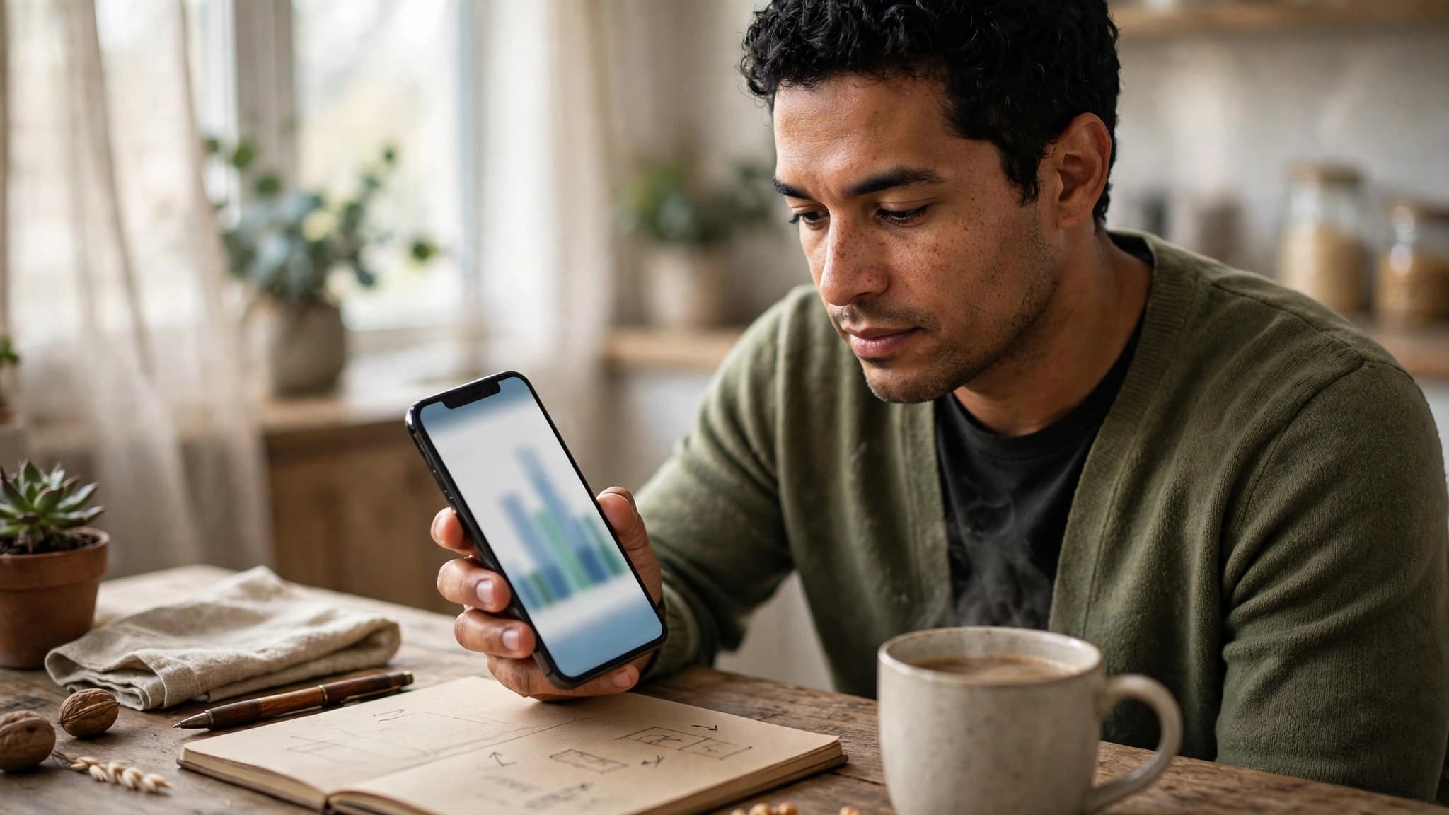 Hombre organizando su dinero con una app de presupuesto en su celular