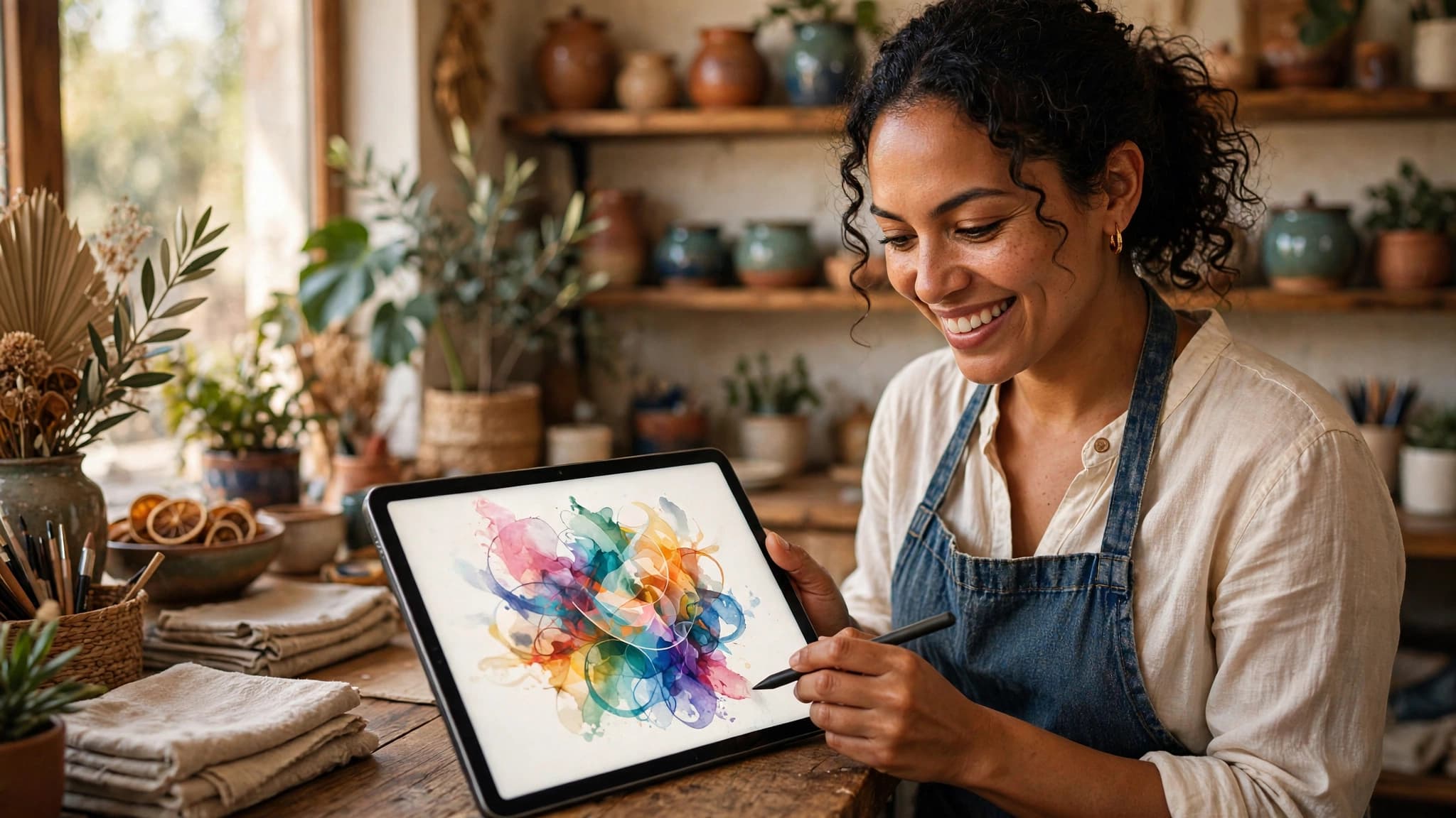 Artesana creando una imagen con inteligencia artificial en su tableta