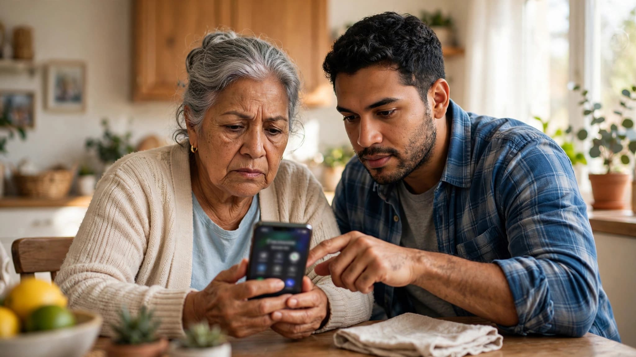 Abuela latina revisando con cautela una llamada sospechosa en su celular mientras su nieto la ayuda a verificarla, para protegerse de estafas con voces clonadas