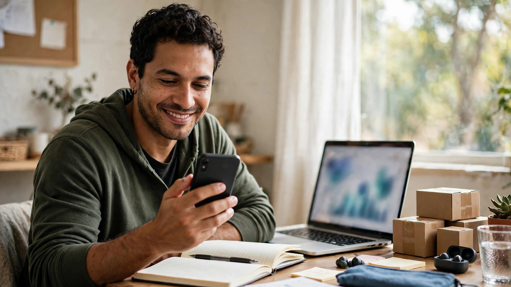 Emprendedor ganando dinero con inteligencia artificial desde su celular en casa