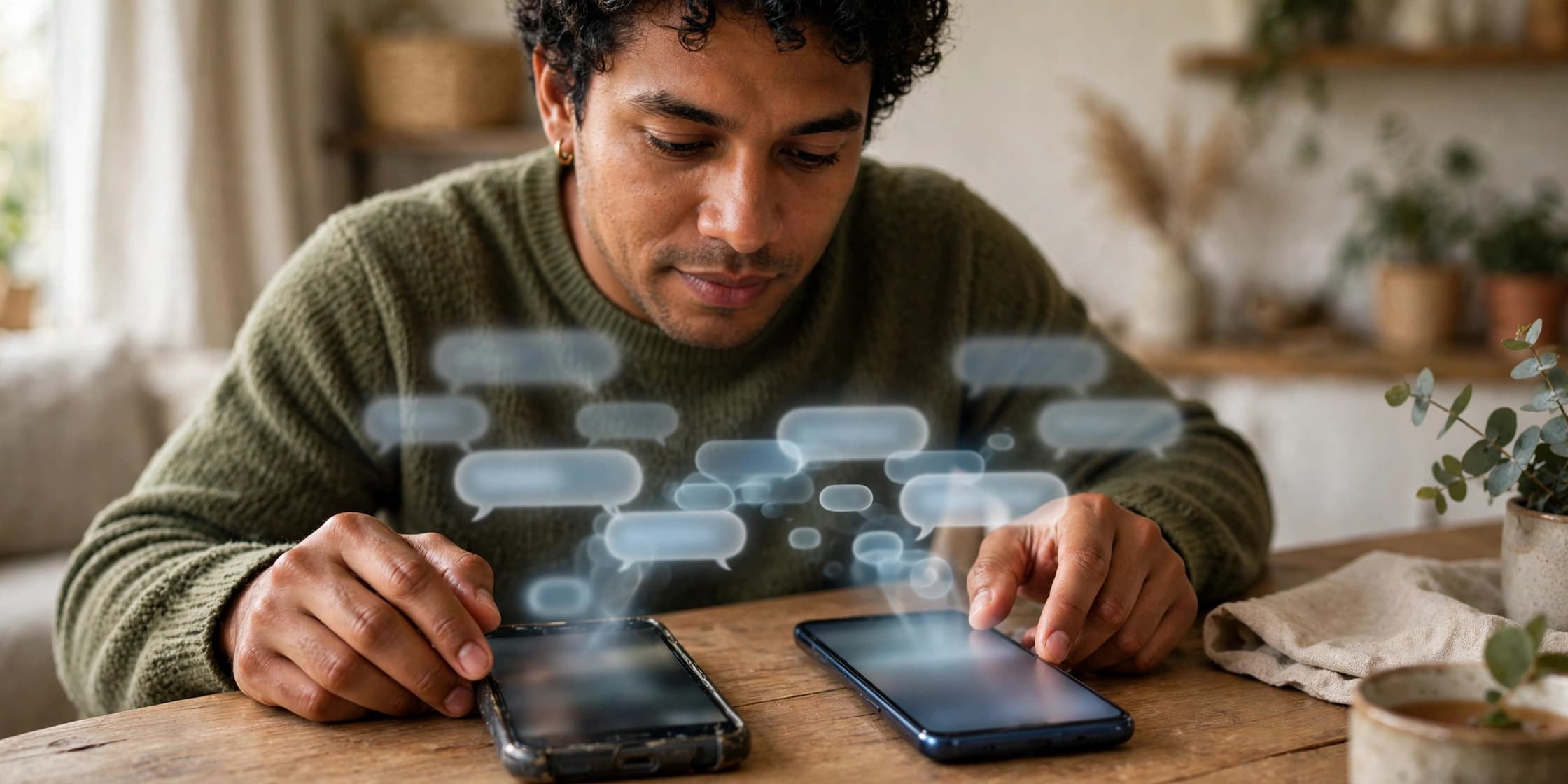 Persona pasando sus conversaciones de WhatsApp de un celular viejo a uno nuevo, con burbujas de chat entre ambos teléfonos sobre la mesa