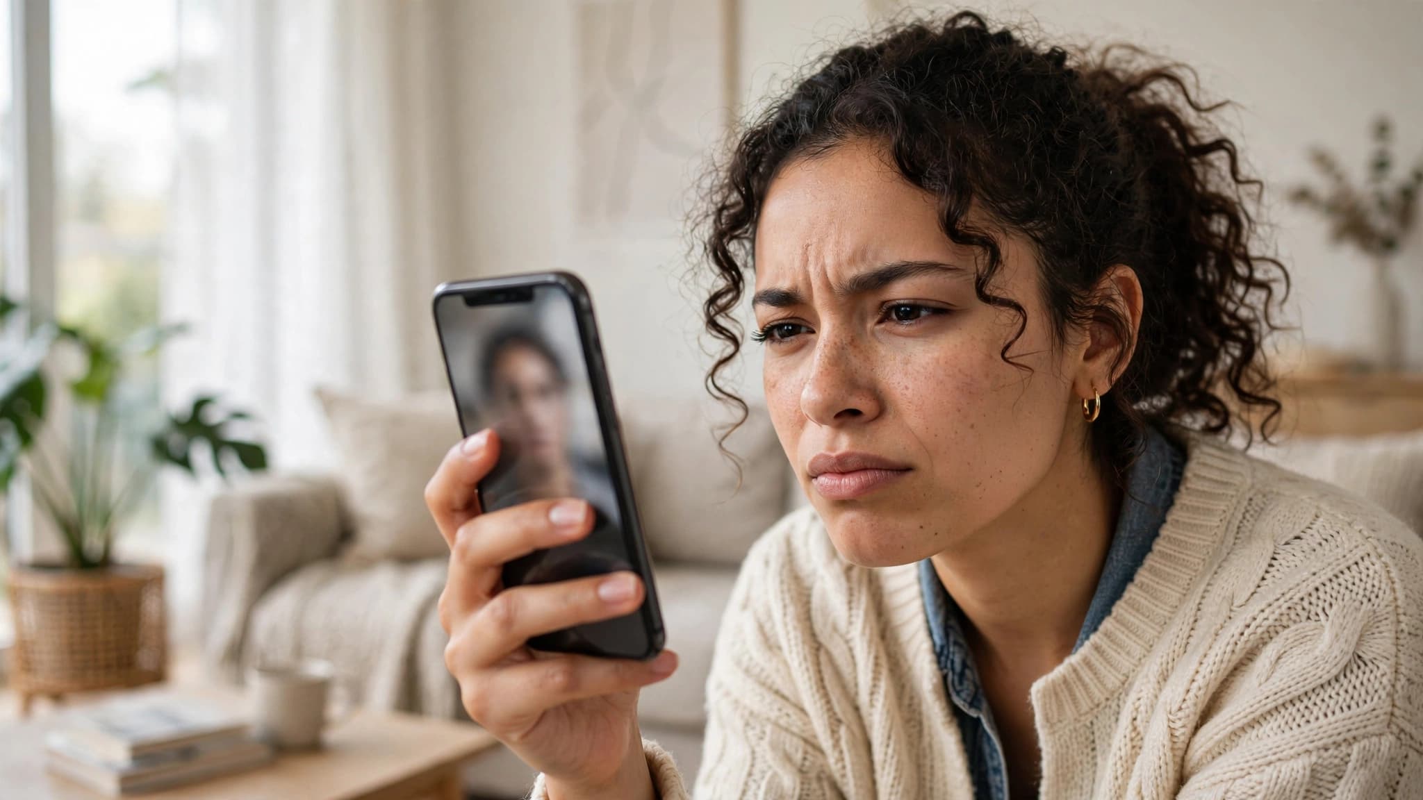 Mujer revisando una foto en su celular para saber si fue creada con inteligencia artificial