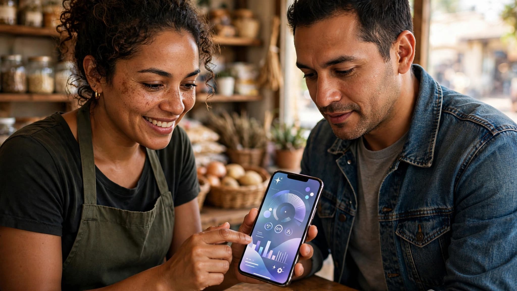 Emprendedora latina en su tienda de barrio ayudando a un cliente con un celular usando inteligencia artificial para su negocio