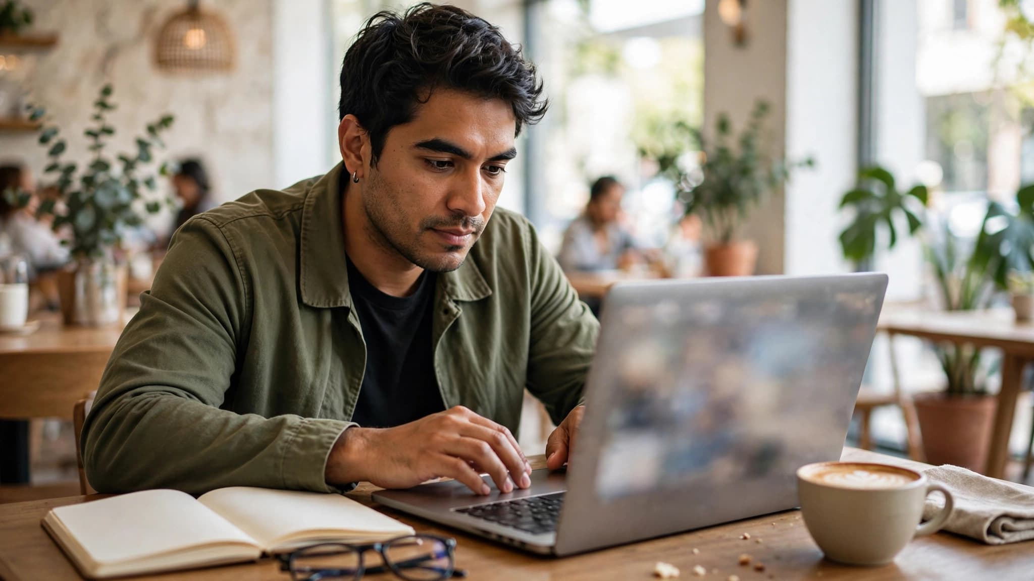 Freelancer latino trabajando en una laptop en un café luminoso, ofreciendo servicios en línea con ayuda de la inteligencia artificial