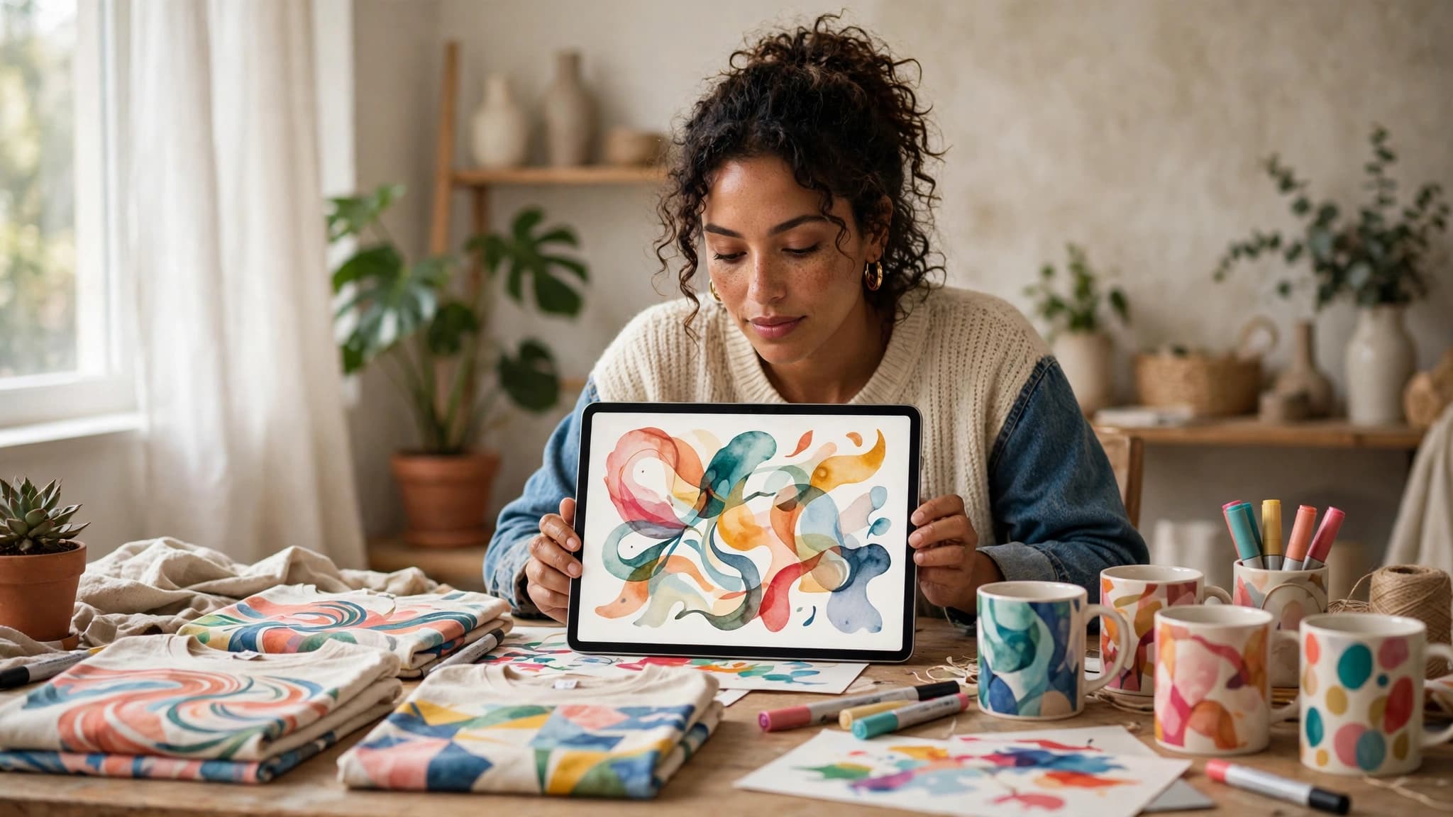 Diseñadora latina mostrando en una tableta diseños coloridos creados con inteligencia artificial junto a camisetas y tazas impresas para vender